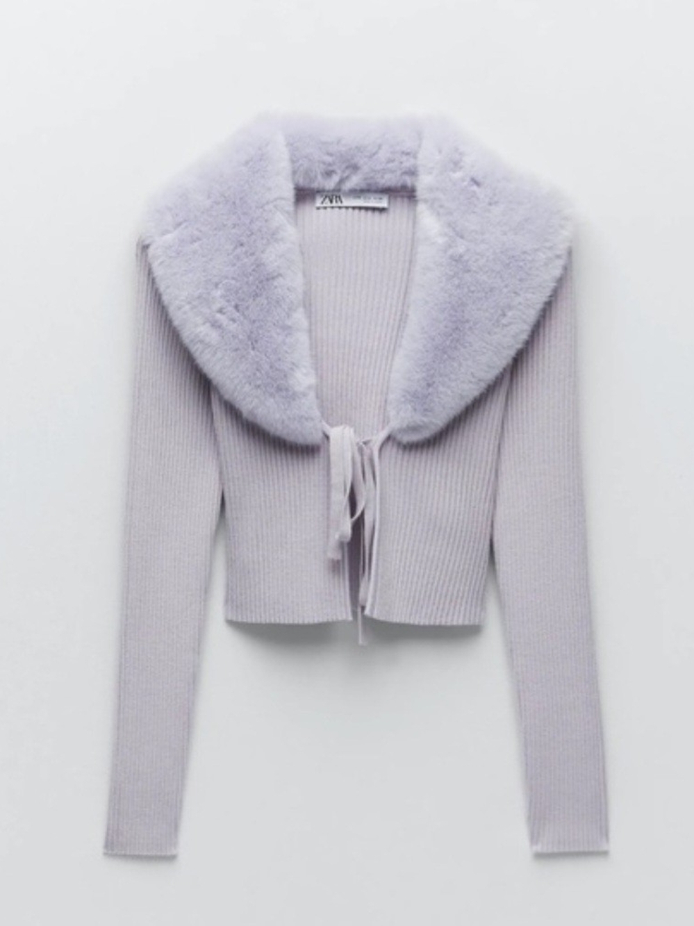 ZARA Lavender Ribbed Cardigan with Faux-Fur Collar